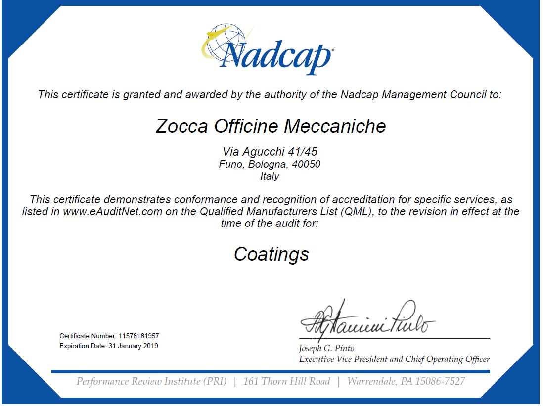 CERTIFICAZIONE NADCAP PER LA DITTA ZOCCA OFFICINE MECCANICHE